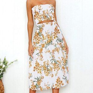 Angashion Women's Floral Crop Top Maxi Skirts Set 2 Piece Outfit Dress